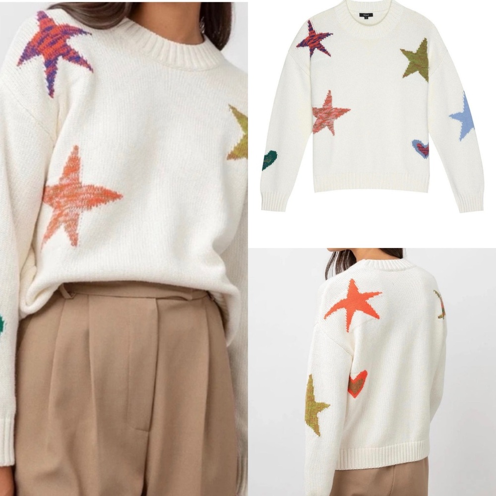 Rails Ivory Sweater XS Colorful Rainbow Stars-Hearts Soft Knit Pullover Women’s